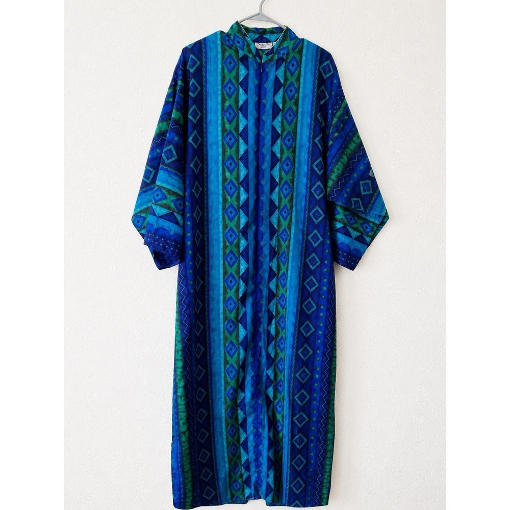 Sante Classics Women M Blue Green Geometric Print Button Front Long Dress Zipper